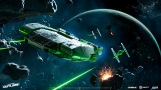 Star Wars Outlaws: The Trailblazer ship flies away from pursuing TIE fighters who fire shots among a debris field